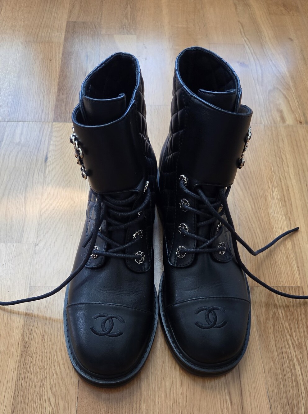 CHANEL Black Quilted Lace-Up Combat Boots